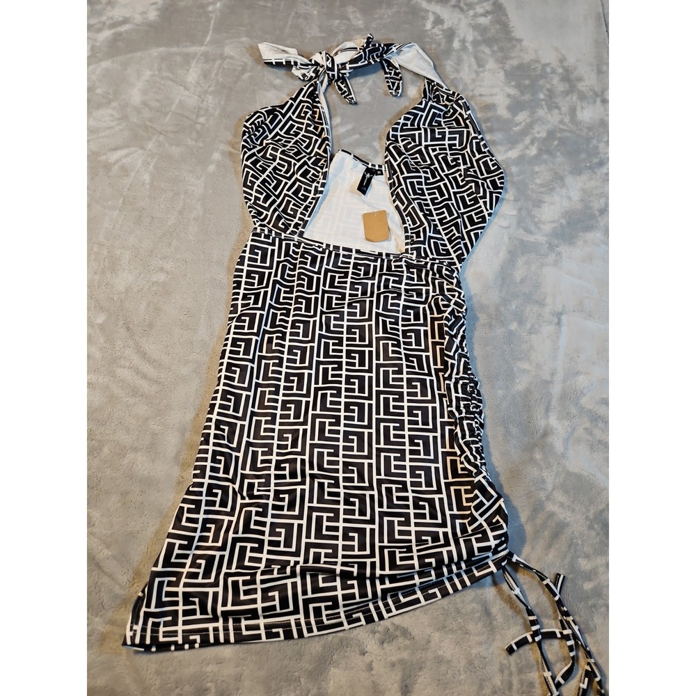 Secret Black White Geometric Maze Print Halter Mini Dress Ruched Bodycon Medium